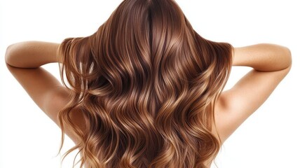 Obraz premium Beautiful model girl with Brown hair strand,silky healthy chestnut wavy hair strand isolated on white background,hair wavy ribbon, with smooth texture,vibrant shine,brunette hairpiece, hairy ribbon.