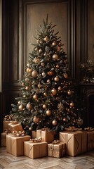 Luxury christmas background with christmas tree with gift boxes, ads banner, luxury christmas greeting card, warm color tone background