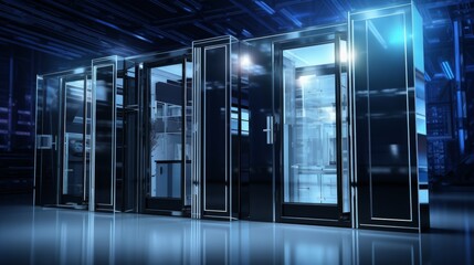 3d illustration of silver aluminum frames with blueprint background and pvc window cross sections