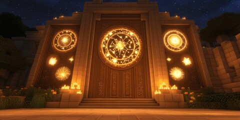 Obraz premium A grand wooden door adorned with glowing symbols, set in a serene night landscape.