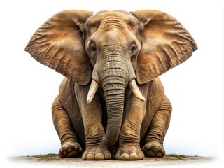 Fototapeta premium Big Elephant Sitting Isolated on White Background, Majestic Animal Portrait, Wildlife Photography, Nature Conservation, Giant Mammal, Tranquil Scene, Endangered Species, Elephant Behavior