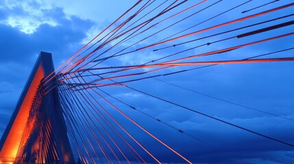 Obraz premium A striking view of a bridge with illuminated cables against a twilight sky.