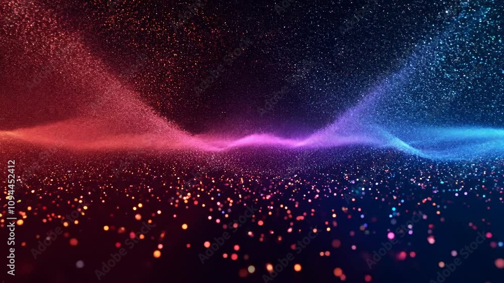 Poster camera dollies back from cascading particles with gradient lighting, transitioning from warm reds to