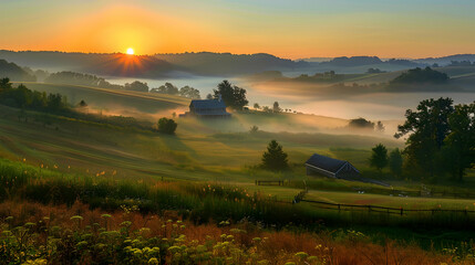 Fototapeta premium Scenic sunrise over rural Northwestern Pennsylvania, highlighting its natural beauty and peaceful countryside