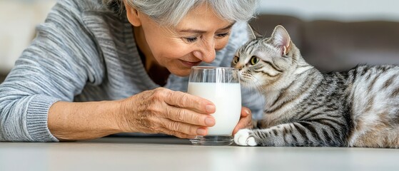 Wellness health and Natural remedies Concept, A senior woman enjoys a moment with her cat, sharing a glass of milk in a cozy setting filled with warmth and companionship.