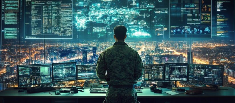 A military observer working on a city tracking operation at the cyber control and monitoring office.	