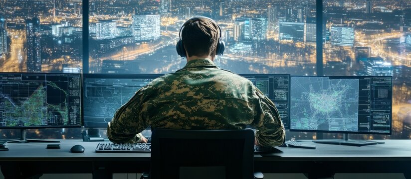 A military observer working on a city tracking operation at the cyber control and monitoring office.	