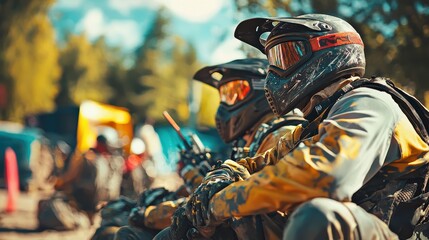 Paintball Players Relaxing Outdoors in Colorful Gear After Intense Match for Fun and Adventure
