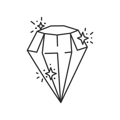 Diamond with Sparkles Line art. Doodle Shiny Gemstone or Crystal vector illustration. Outline design element, luxury icon, symbol.
