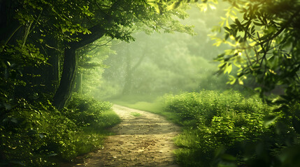 Obraz premium Serene scenery featuring a scenic path surrounded by lush greenery, enhanced by a creative layered green landscape background concept