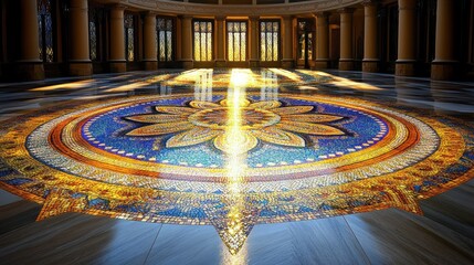 Obraz premium A beautifully designed mosaic floor in an ornate interior, illuminated by sunlight.