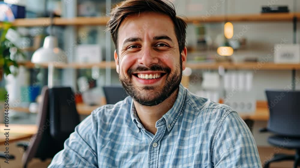 Poster smiling man in casual shirt enjoys his time at a modern workspace in the afternoon