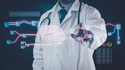 Doctor in white coat, stethoscope around neck, stands behind a digital interface displaying a holographic brain and data. The image represents modern medical diagnostics and brain analysis technology.