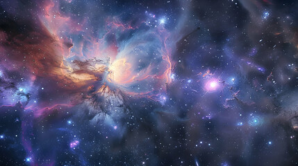 Obraz premium Slow drift through a stellar nursery, with twin bright stars and the enigmatic heart of the galaxy shining in the distance