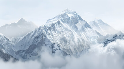 Obraz premium Snow-covered Mount Everest, standing grand against a pure white background, capturing its serene and awe-inspiring landscape