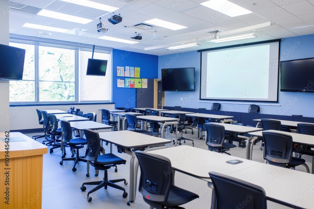 Poster modern classroom with interactive digital platforms and biometric systems for enhanced learning