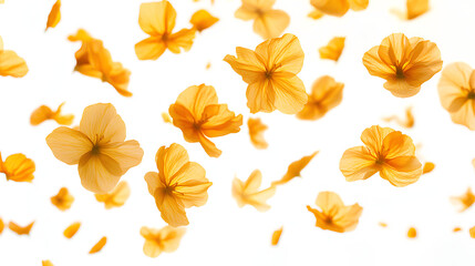Obraz premium Springtime yellow petal flowers levitate in air, beautiful floral flying isolated on white background 