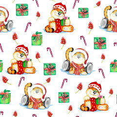 New Year and Christmas tigers with winter and snow reds