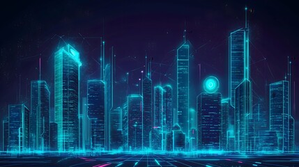 Obraz premium Futuristic Neon Cityscape Digital Network Skyline