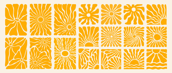 Groovy hippie y2k retro sun or flower background or contemporary summer sunburst banner with abstract organic doodle shape and wavy yellow floral pattern in 70s naive boho style. Groovy sun explosion.