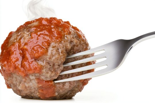 A fork is used to eat a meatball with red sauce