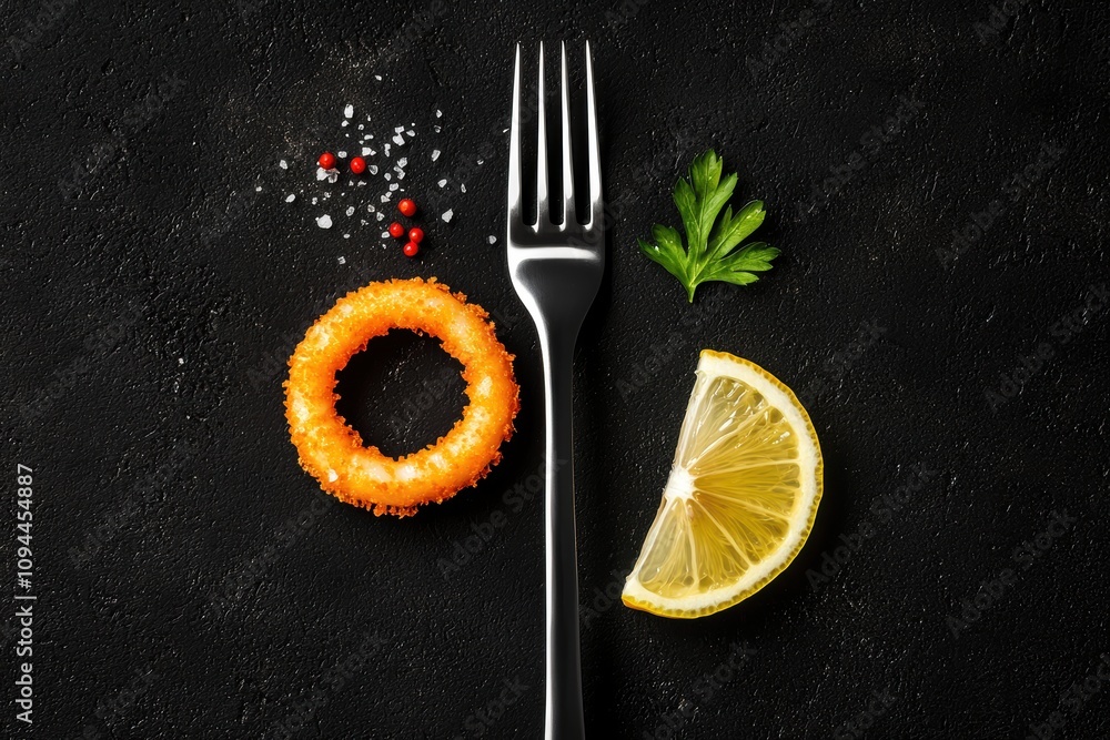 Poster a fork with a ring on it and a lemon slice on top