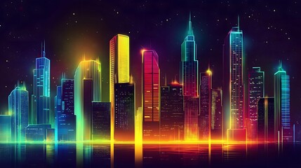 Neon City Skyline Reflecting at Night