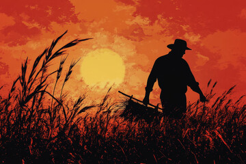 Obraz premium Farmer Silhouette at Sunset