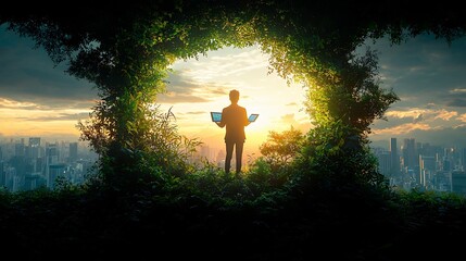 Businessman Examining Renewable Energy Data on Rooftop Garden with Cityscape