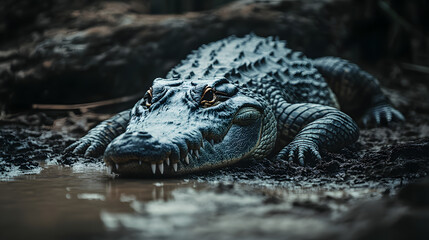 Obraz premium A crocodile resting on the muddy banks of a jungle river its textured scales blending into the scene.
