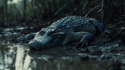 Fototapeta premium A crocodile resting on the muddy banks of a jungle river its textured scales blending into the scene.