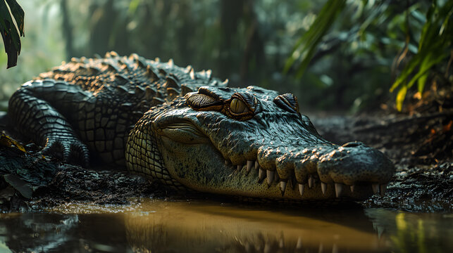 A crocodile resting on the muddy banks of a jungle river its textured scales blending into the scene.