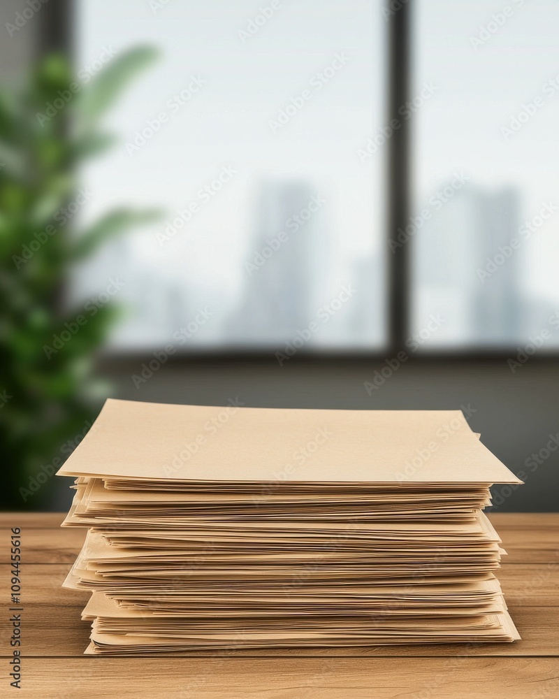 Poster a stack of unmarked papers rests on a wooden table, with a blurred cityscape and greenery visible th