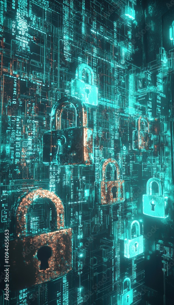 Poster digital security concept with glowing padlocks and keys against a futuristic matrix background