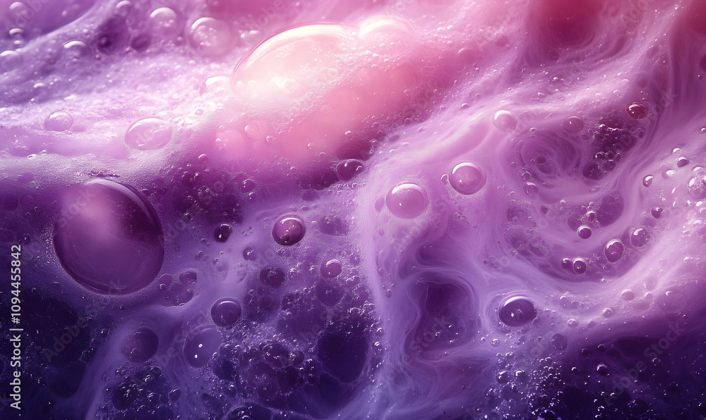 Poster a mesmerizing abstract image of purple and pink swirls, featuring floating bubbles and a dreamlike t
