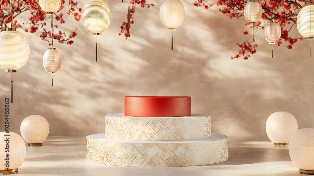 Poster a modern chinese new year podium with geometric golden patterns and minimal red elements, surrounded
