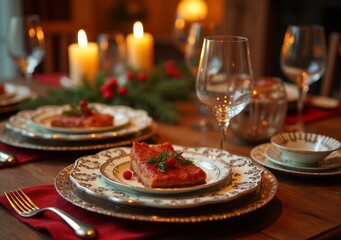 Elegant holiday dining setup with festive decorations and candlelight