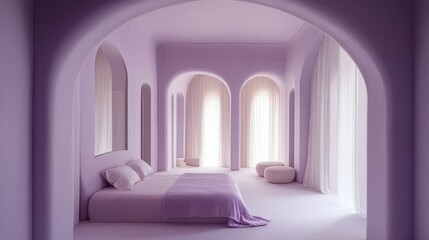 Serene and Stylish Bedroom Design with Soft Purple Hues and Elegant Drapes for a Calm and Inviting Atmosphere