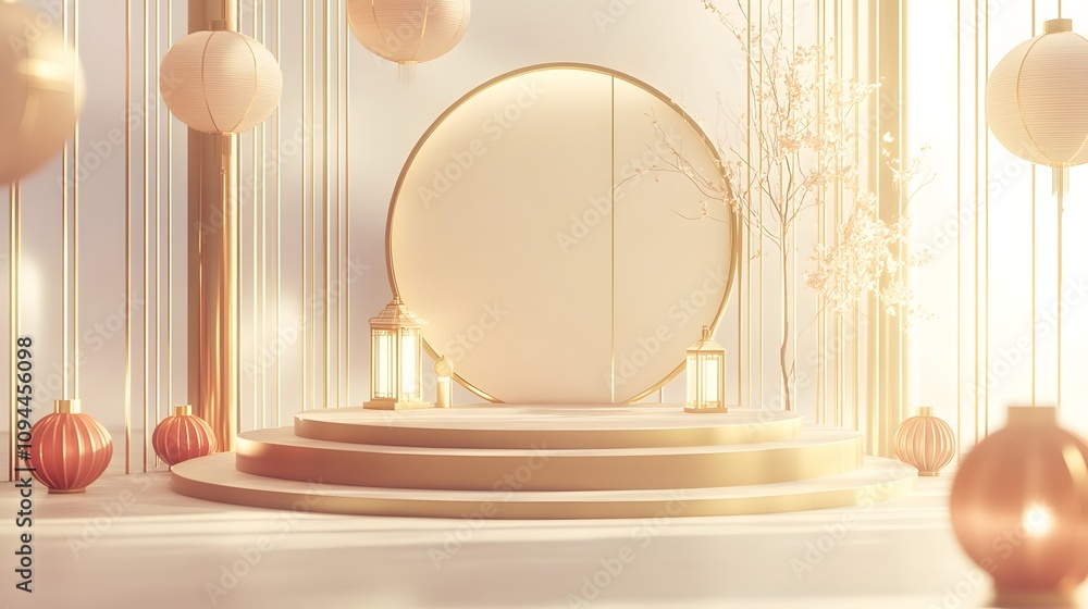 Aufkleber a modern chinese new year podium with geometric golden patterns and minimal red elements, surrounded