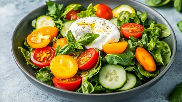 Fresh Mediterranean salad with colorful cherry tomatoes, cucumbers, and burrata evokes health and summer dining