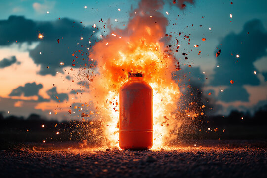 Dramatic explosion of a propane tank at sunset in an open field. Generative AI