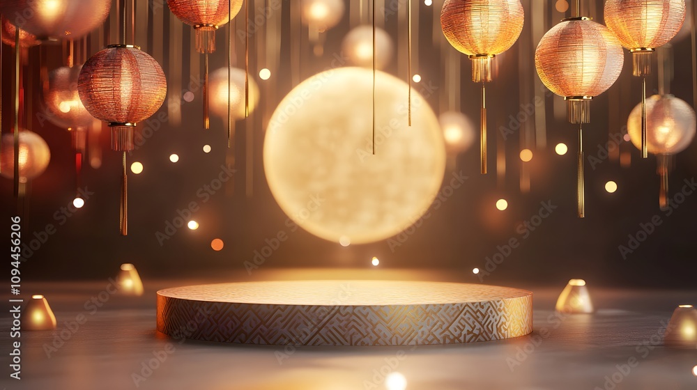 Poster a modern chinese new year podium with geometric golden patterns and minimal red elements, surrounded