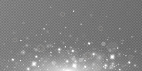 White light illuminates the dust. Christmas glow light sparkle overlay. Glowing bokeh background. Dust. Christmas glow spark pad light. glitter effect