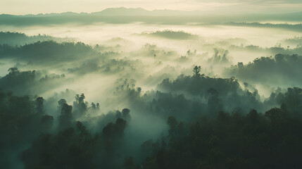 A dense jungle valley shrouded in morning mist with layers of trees stretching into the distance.