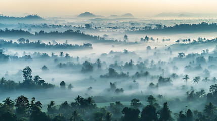 A dense jungle valley shrouded in morning mist with layers of trees stretching into the distance.