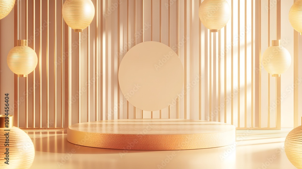 Poster a modern chinese new year podium with geometric golden patterns and minimal red elements, surrounded