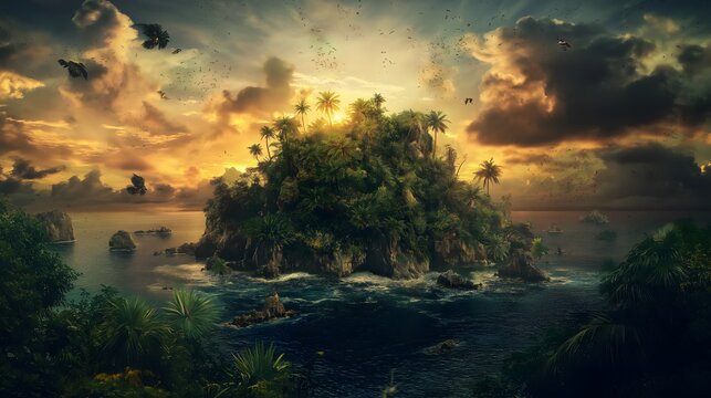 Tropical Island Sunset with Birds, Lush Vegetation
