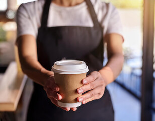 A waitress holding and serving a paper cup of hot coffee in cafe 