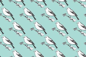 Seamless pattern with funny birds, flowers, leaves. Flat vector illustration with cartoon bird silhouette. Cute characters. Design for invitation, poster, card, textile, fabric.