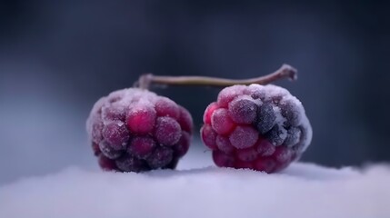 Frozen Raspberries Resting On Winter Snow